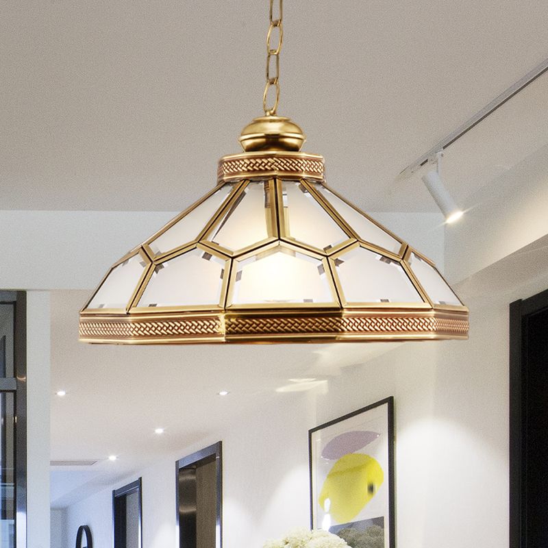 1 Head Pendant Light Traditional Bowl Frosted White Glass Suspended Lighting Fixture in Gold for Living Room