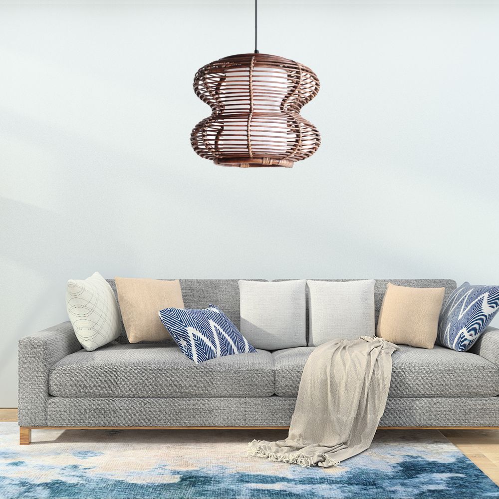 Gourde brune suspension de luminaire suspendu en bambou à style asiatique avec une nuance intérieure à cylindre pour le salon