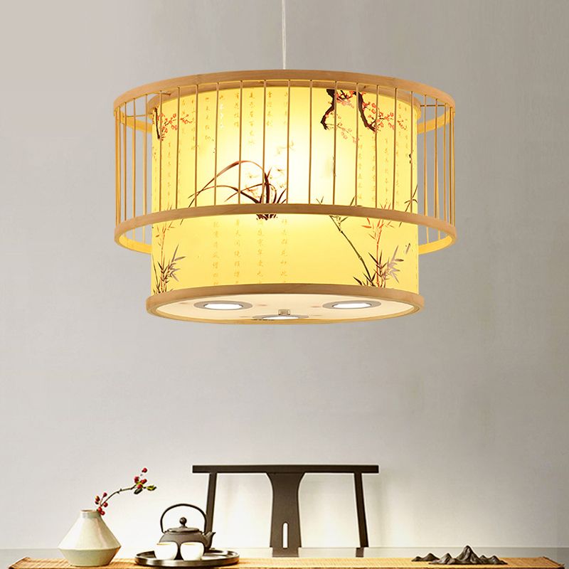 Chinese Cylinder Ceiling Pendant Light Bamboo Hanging Lamp for Tea Room