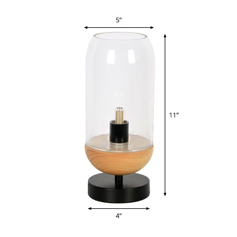 Modern LED Table Lighting Black and Wood Cylinder Small Desk Lamp with Clear Glass Shade