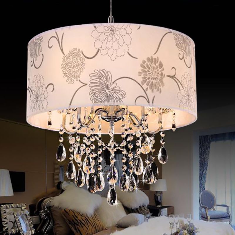 Contemporary Drum Chandelier Light White Fabric 5 Lights Hanging Fixture with Flower Pattern and Clear Crystal Bead