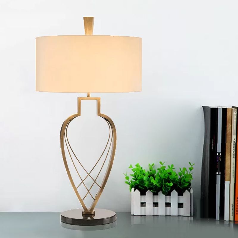 Modern Drum Night Table Light Fabric 1 Bulb Study Room Reading Lamp in Beige with Gold Urn Frame Base