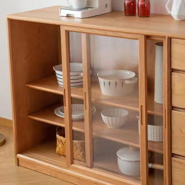 Scandinavian Pine Display Stand Glass Doors Storage Cabinet with Drawers for Living Room