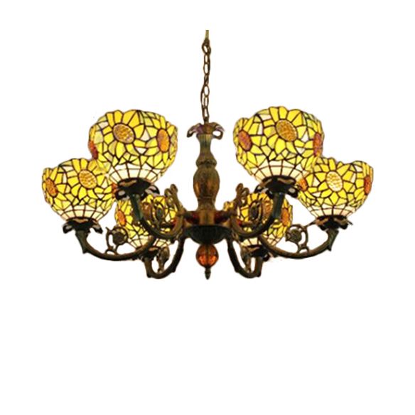 6 Lights Sunflower Hanging Light Tiffany Style Stained Glass Chandelier Lighting for Bedroom