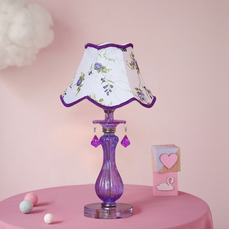 Romantic Pastoral 1 Light Night Lamp Purple Cone/Scalloped Nightstand Light with Fabric Shade and Crystal Accent