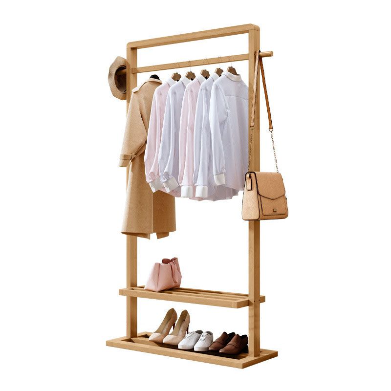 Modern Style Coat Rack Solid Bamboo Free Standing Double Layer Shelves Coat Rack