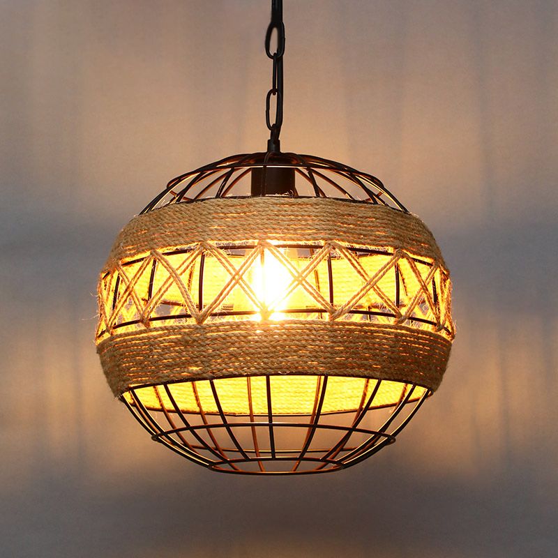 Single Ceiling Light Industrial Geometrical Hemp Rope Hanging Pendant Light in Black