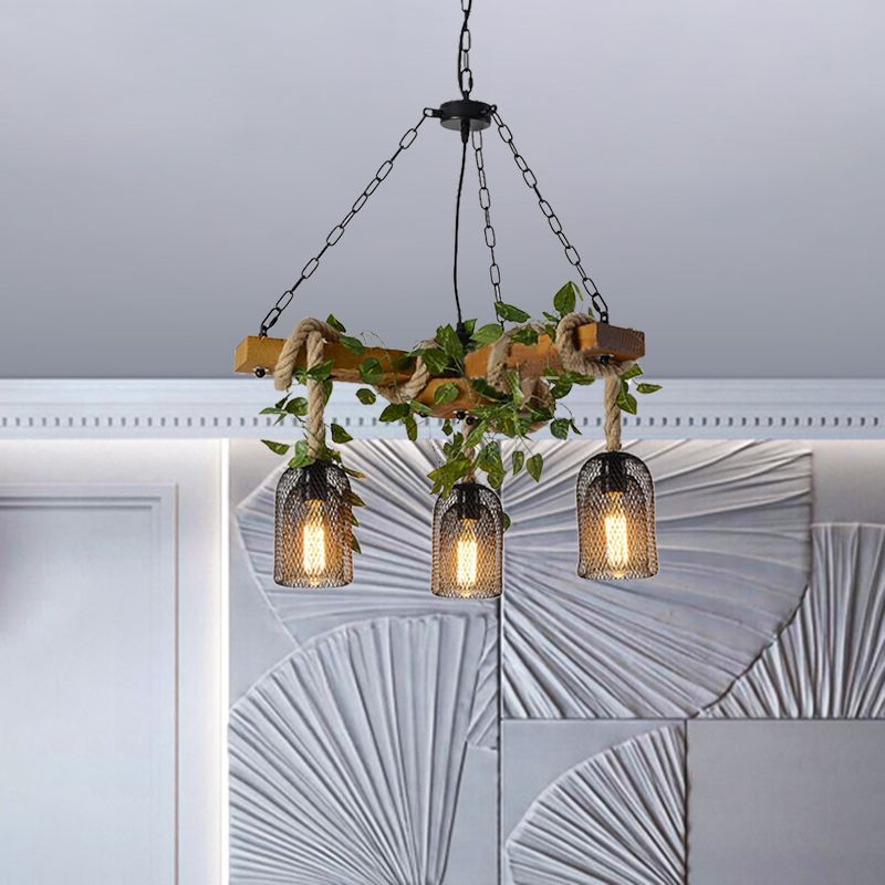 Metal Brown Chandelier Pendant Light Bell Cage 3-Head Vintage Rope Hanging Lamp Kit with Wood Branch Beam Deco