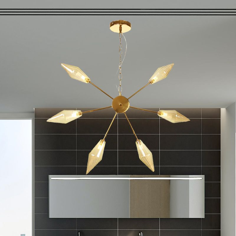 6/9/12 Lights Chandelier Lamp Industrial Sputnik Amber/Clear Glass Ceiling Light Fixture in Black/Copper/Chrome