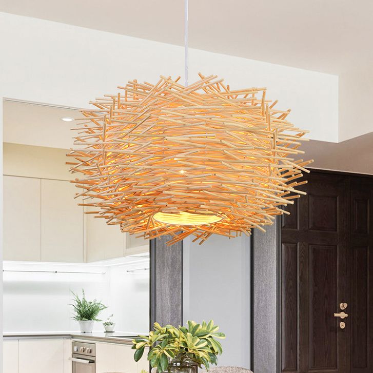 Asia Style Bird Nest Hanging Light Fixture Wood Dinning Room Pendant Lighting Fixture