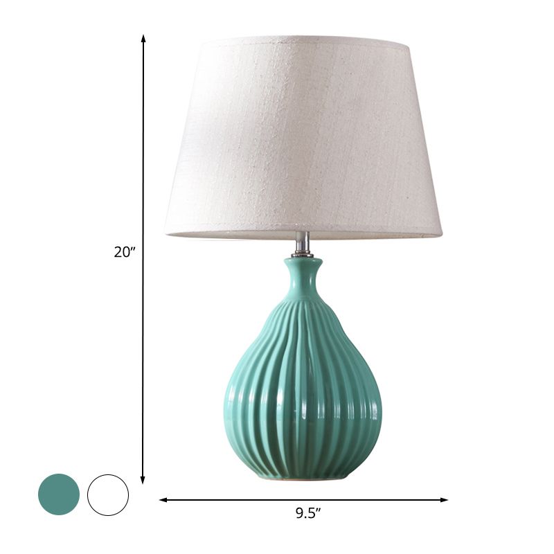 White/Green Teardrop Night Light Minimalist 1 Light Ceramic Nightstand Lamp with Cone Fabric Shade