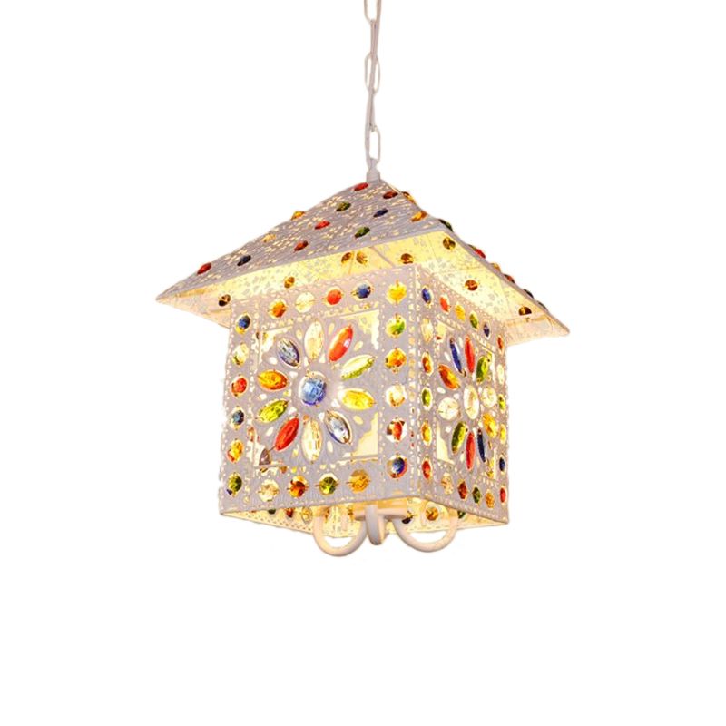 Bohemia House Shade Chandelier Hanging Light Metal 3 Lights Pendant Lamp with Crystal Gem in White Finish