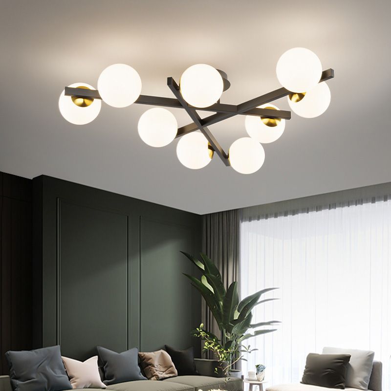 Round-Shape Semi Flush Mount Light Fixture Glass White Semi Flush Chandelier for Bedroom