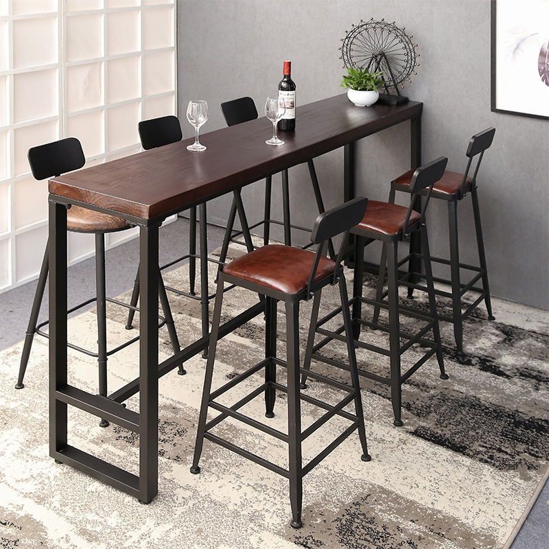 Pine Wood Bar Dining Table Brown Industrial Bar Table with Trestle Base in Black