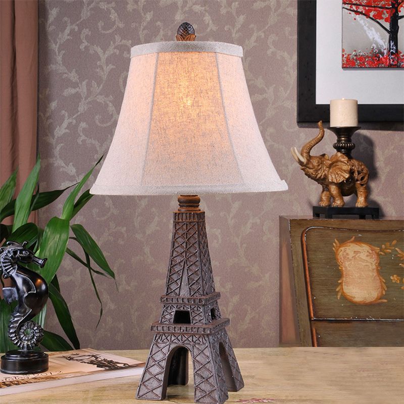 1 Light Night Light Country Bedroom Paris Tower Desk Lamp with Paneled Bell Fabric Shade