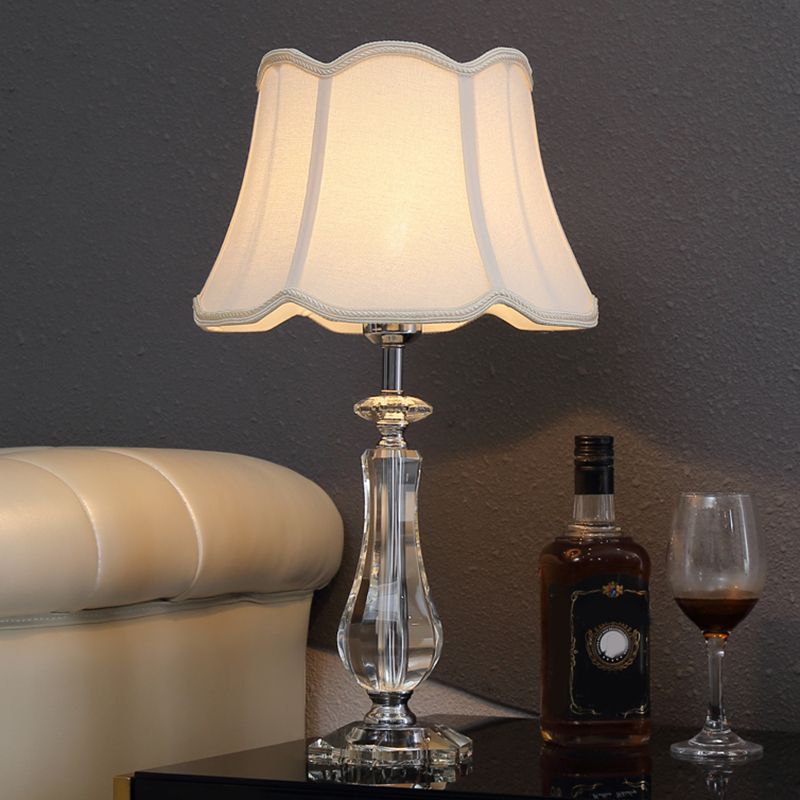 1 Head Flared/Pleated Shade Table Light Traditional Beige/Burgundy/Sky Blue Fabric Nightstand Lamp with Crystal Column