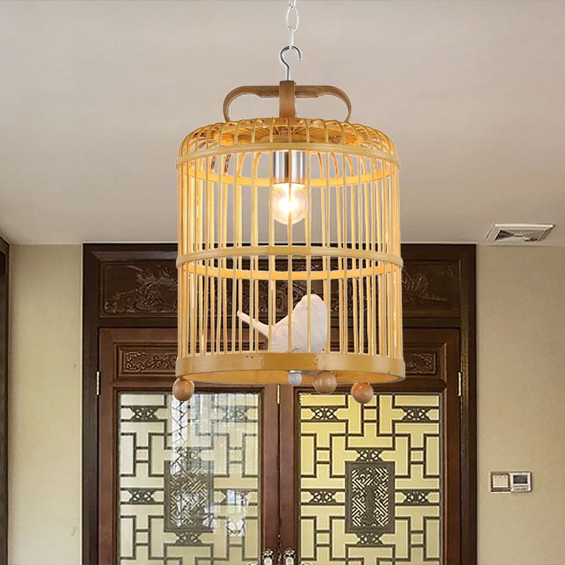 Bamboo Birdcage Shade Pendant Light With Bird Accent Style chinois 1 tête de tête beige lampe, 8 "/ 10" de largeur