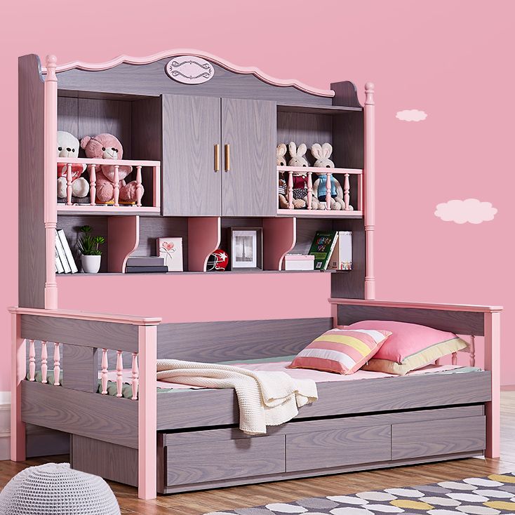 Scandinavian Standard Bed Solid Wood Pink and Brown Panel Bed with Headboard