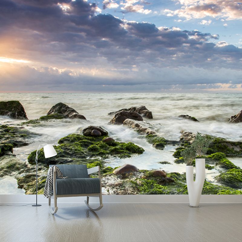 Big Seascapes Wall Paper Mural for Home Evening Sunshine on Moss Stone Wall Decor in Green, Washable