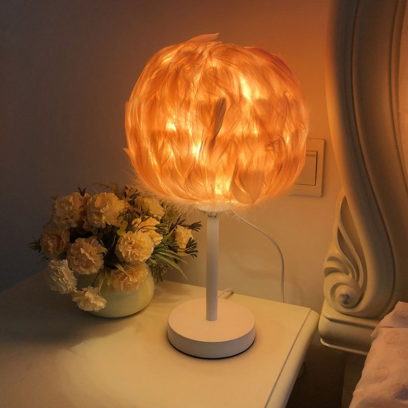 Handmade Sphere Feather Table Light Nordic Style 1-Light White/Pink/Rose Red Nightstand Lamp with Plug-in Cord