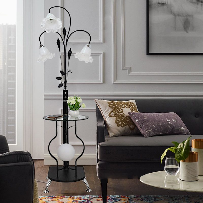 Black/White 3-Bulb Floor Light Countryside Metal Curved Arm Standing Lamp with Floral Glass Shade