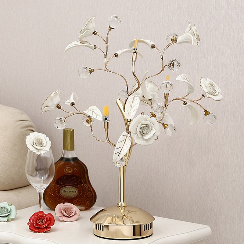 3-Bulb Flower Tree Night Lamp Korean Garden White/Red/Green Ceramic Table Light with Gold Stem