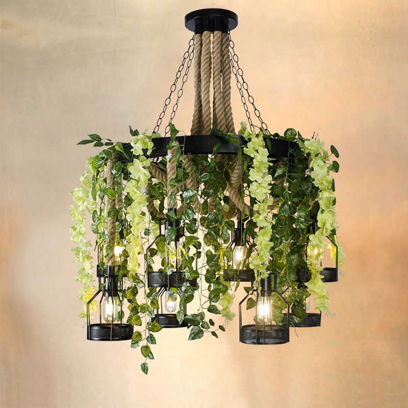 Purple/Green Flower Chandelier Vintage Hemp Rope 8 Heads Restaurant Down Lighting Pendant  with Metal Cage