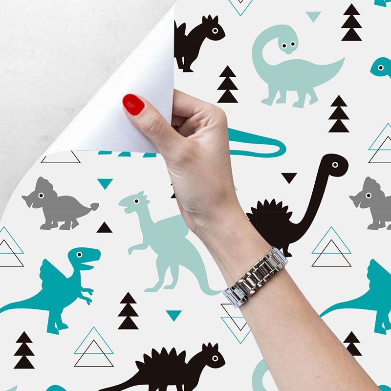 Illustration Cartoon Dinosaur Wallpaper for Children's Bedroom in Blue and Black, Self-Adhesive, 29.1 sq ft.