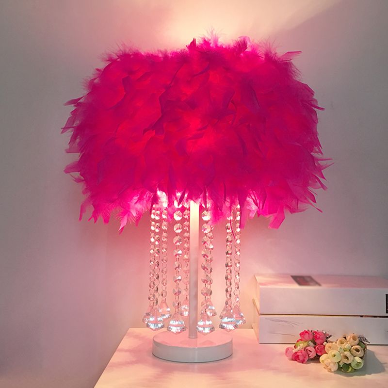 1-Light Girls Room Night Lamp Modern Pink/Purple/White Table Light with Cylindrical Feather Shade