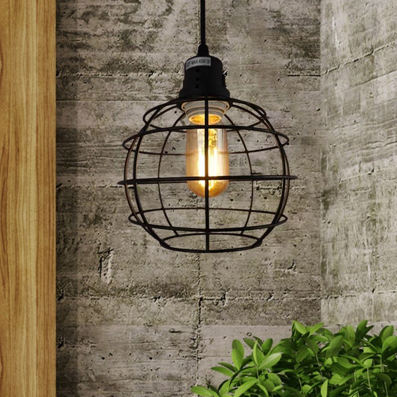 1 Light Metal Pendant Lamp Nautical Stylish Black Global Shade Balcony Hanging Light Fixture