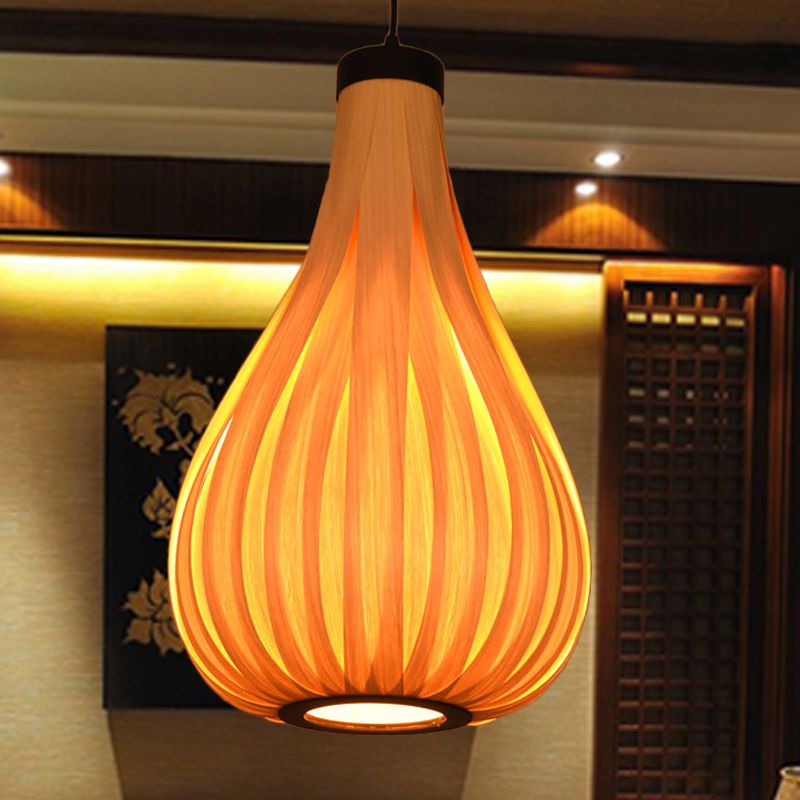 Gourd Wood Ceiling Light Asian 1 Bulb Beige Pendant Lighting Fixture for Restaurant