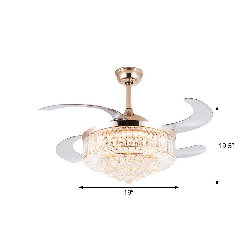 Drum Clear Crystal Semi Flush Mount Minimalistisch 19 "Breedte LED Gold Pendant ventilatorlicht met 4 messen