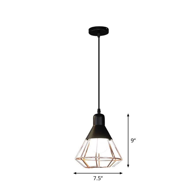 Black and Rose Gold 1-Bulb Drop Pendant Loft Style Iron Cone/Cage Ceiling Hang Light over Dining Table