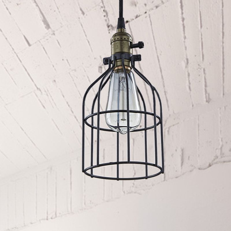 1 Bulb Pendant Lamp Retro Style Birdcage Shade Hanging Ceiling Light in Black for Coffee Shop