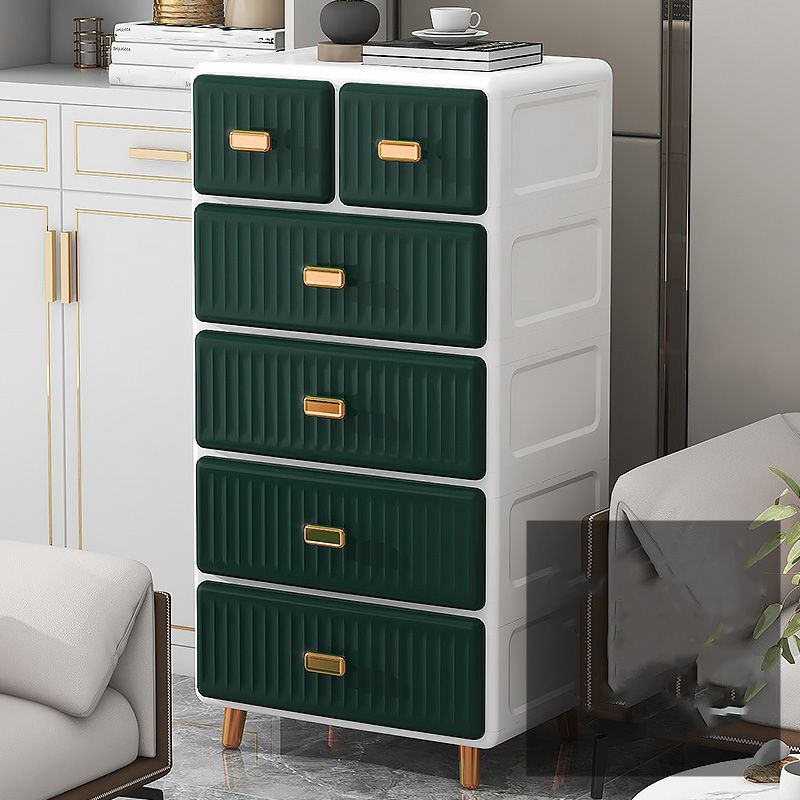 Contemporary Plastic Vertical Nightstand with 5/6 Drawers in Green/White/Gray Kids