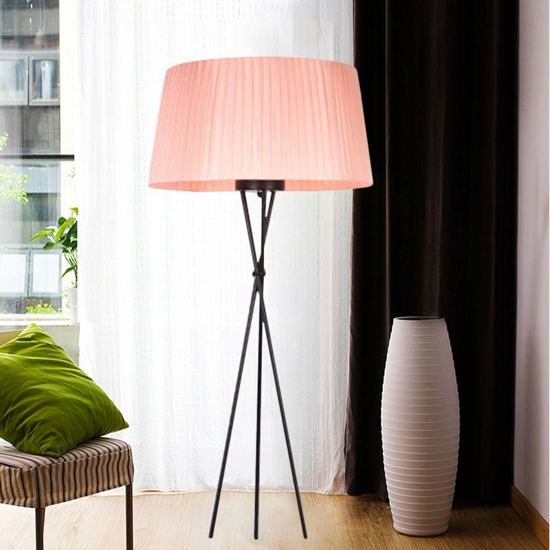 Drum Shade Fabric Floor Standing Light Modern Style 1 Bulb Pink/Black/Red Tripod Floor Lamp