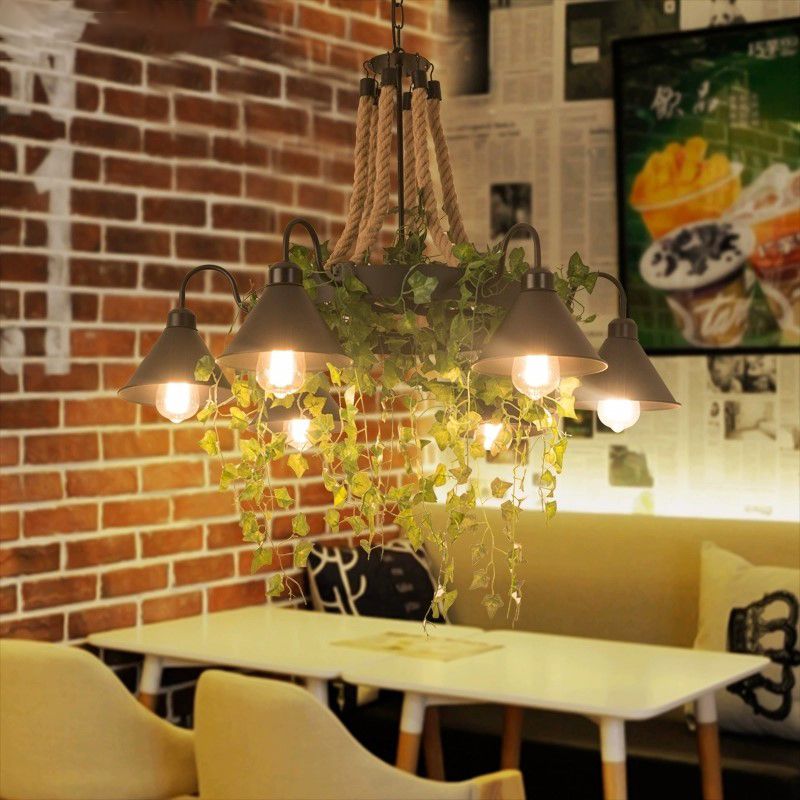 Black 6/8 Heads Chandelier Lighting Industrial Metal Tapered LED Plant Suspension Pendant for Restaurant