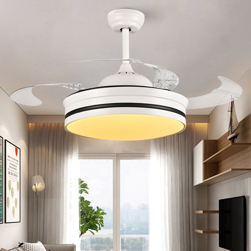 42" Wide Metal White Pendant Fan Light Ring LED Modern Semi Mount Lighting for Living Room, 4 Clear Blades