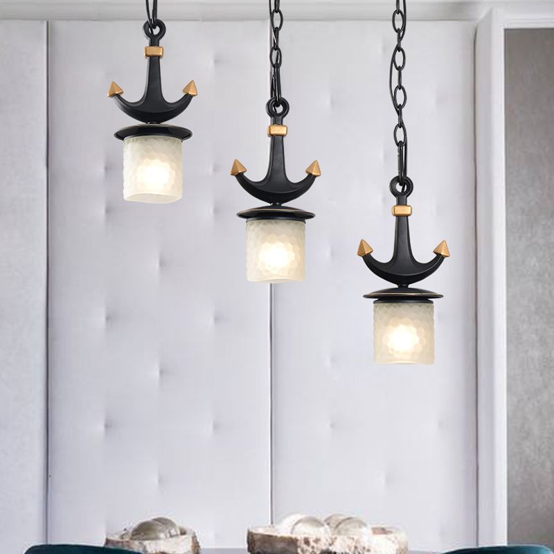 Modern Column Multi-Pendant Frosted Dimpled Glass 3 Heads Parlor Hanging Light in Black with Linear/Round Canopy