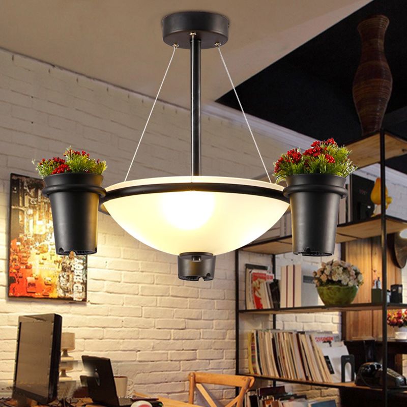 Dome White Glass Pendant Chandelier Industrial 3 Lights Living Room Ceiling Light in Black with Potted Plant