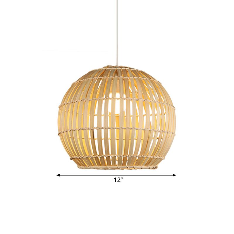 Bamboo Hand-Knitted Hanging Pendant Light with Globe Shade Modern 12"/16" Wide 1 Light Suspension Lamp in Beige