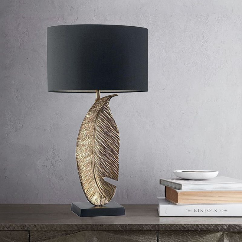 1-Light Bedroom Night Lighting Post-Modern Black Fabric Table Lamp with Leaf-Shaped Metal Base