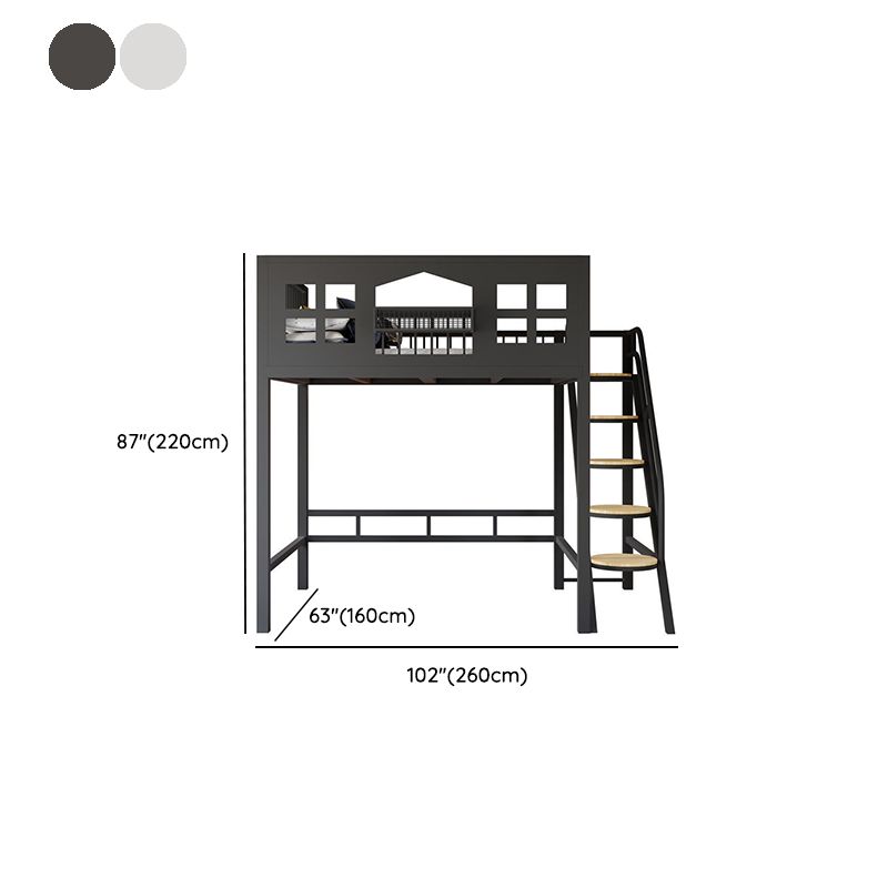 Contemporary Iron Loft Bed Black / White Kid Bed with Stairway