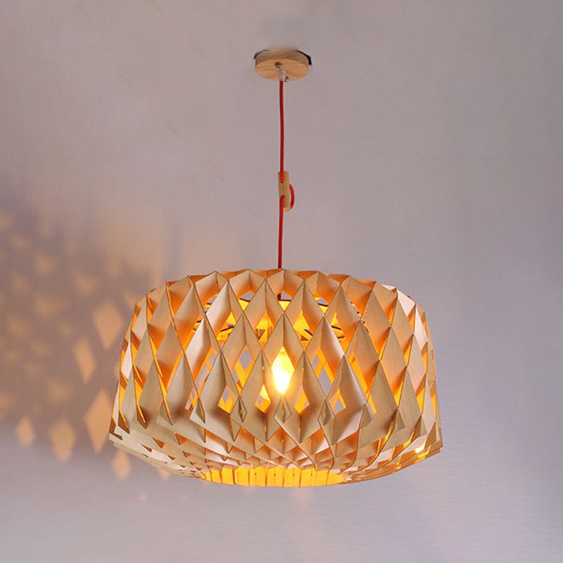 Laser Cut Hanging Light Japanese Wood 1 Head Beige Ceiling Suspension Lamp, 14"/23" Wide