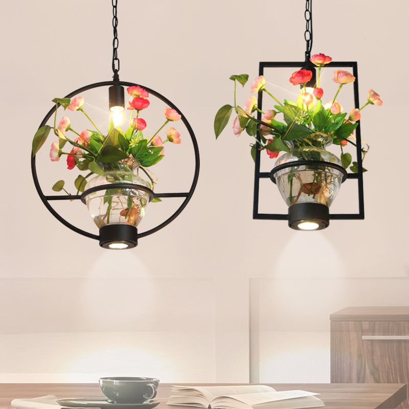 Black 1 Light Down Lighting Industrial Iron Circular/Rectangular Cage Drop Pendant with Clear Glass Plant Pot