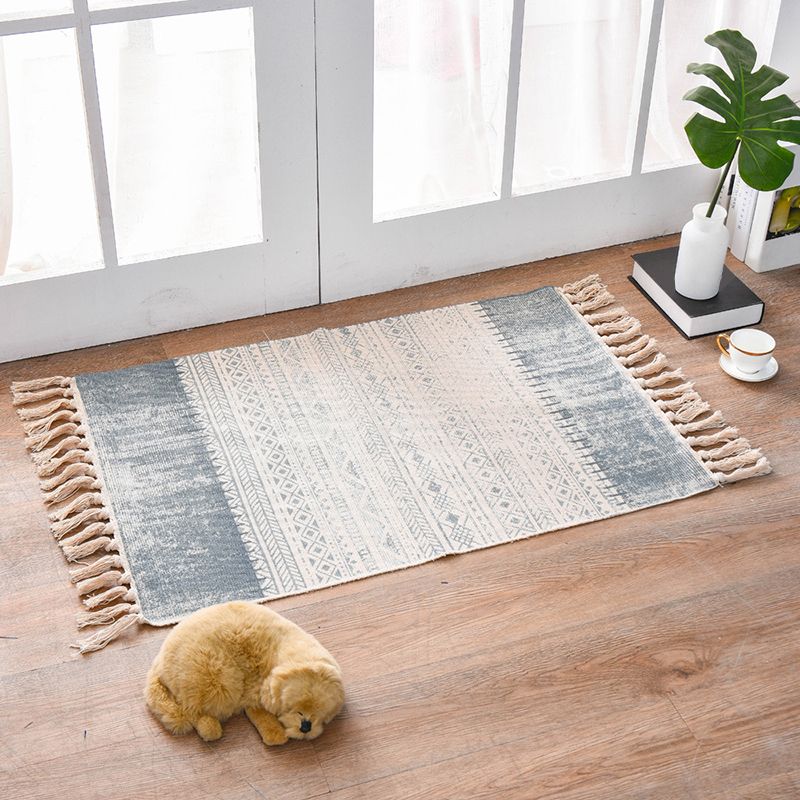 Vintage Americana Print Carpet Beige Cotton Blend Rug Fringe Area Rug for Home Decor