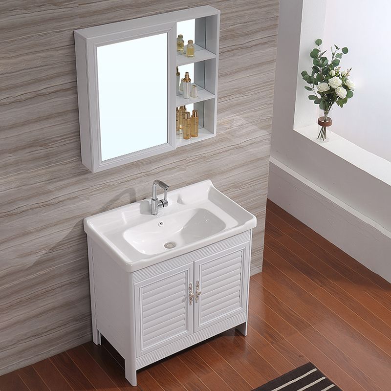 White Freestanding Vanity Rectangular 2 Doors Metal Frame Mirror Single Sink Vanity