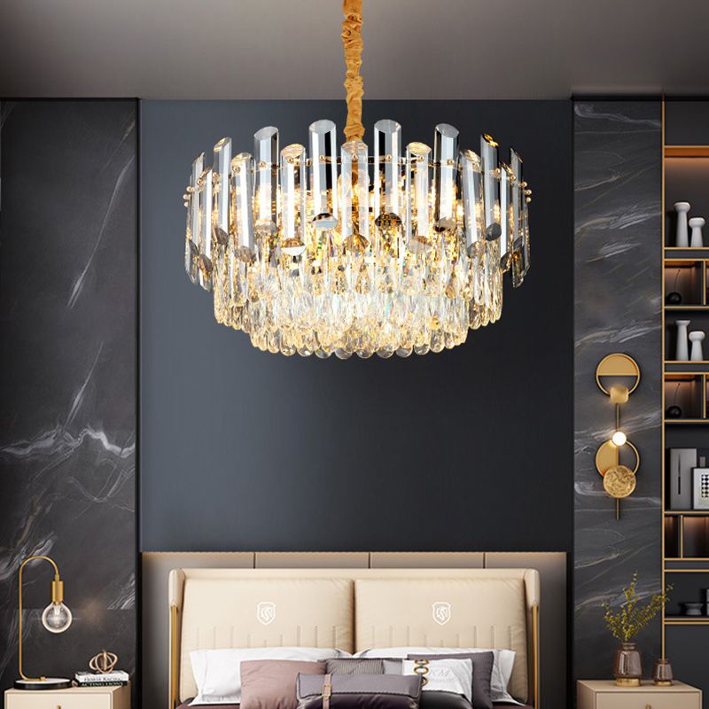 Drum Beveled Crystal Pendant Light Kit Postmodern 10 Heads Brass Chandelier Lighting