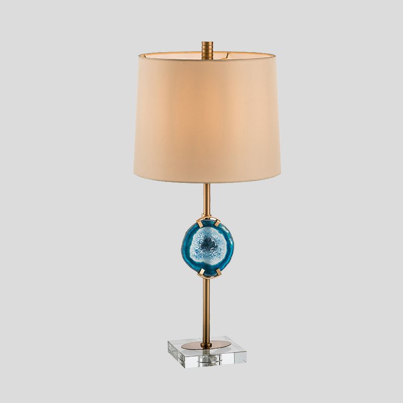 1 Head Living Room Desk Light Modern Blue Night Table Lamp with Barrel Fabric Shade