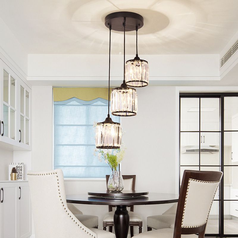 Crystal Black Pendant Light in Modern Luxury Style Iron Cylindroid Hanging Lamp for Interior Spaces